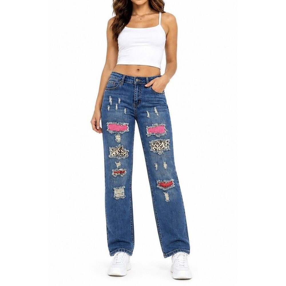 Y2K Style Distressed Pink Leopard Patchwork Denim Jeans Ripped Womens Straight